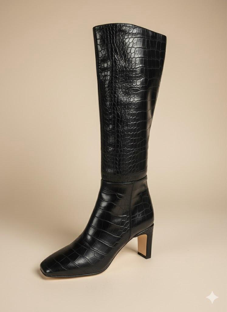 Bottes Hautes Noires Croco (Talon Bloc Carré)