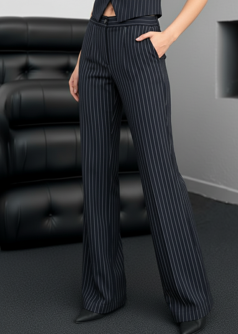 pantalon à rayures femme – pantalon bleu marine femme – tailleur femme élégant – pantalon workwear femme – ensemble tailleur Stockholm Fashion – pantalon droit fluide femme – pantalon de bureau chic – tenue professionnelle féminine – pantalon rayé tendance – look business 