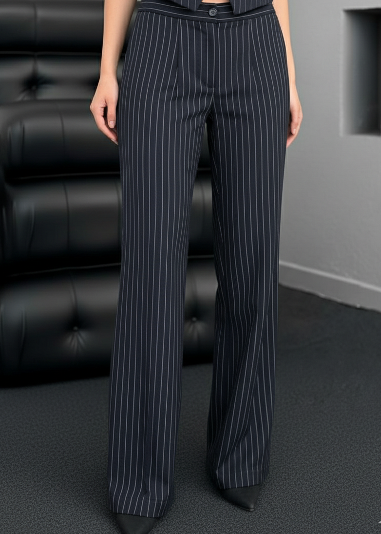 pantalon à rayures femme – pantalon bleu marine femme – tailleur femme élégant – pantalon workwear femme – ensemble tailleur Stockholm Fashion – pantalon droit fluide femme – pantalon de bureau chic – tenue professionnelle féminine – pantalon rayé tendance – look business femme