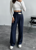 Pantalon Palazzo à Détails Boutonnés bleu marine 