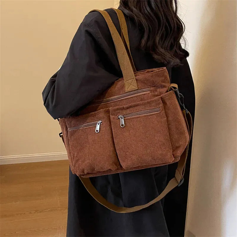 Grand sac à main cabas bandoulière de cours en velours côtelé multipoches Élina
