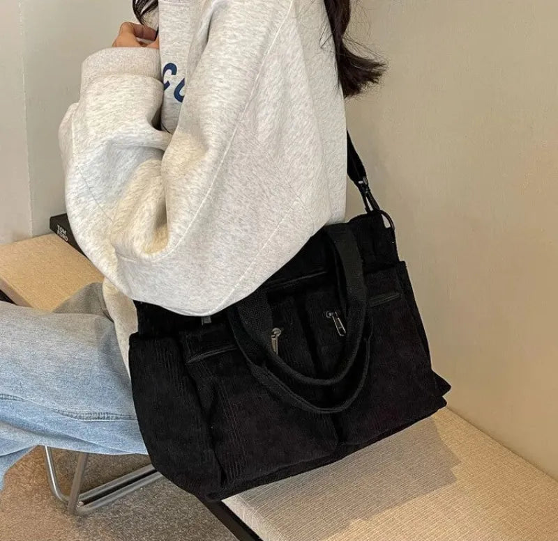 Grand sac à main cabas bandoulière de cours en velours côtelé multipoches Élina