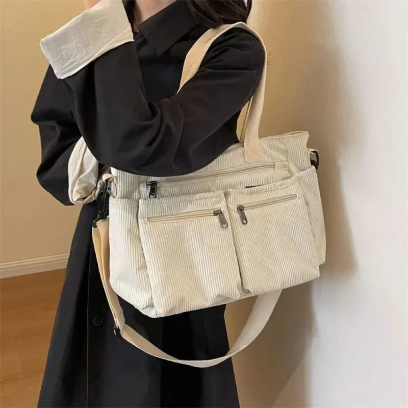Grand sac à main cabas bandoulière de cours en velours côtelé multipoches Élina