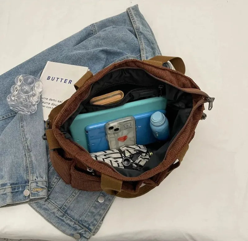 Grand sac à main cabas bandoulière de cours en velours côtelé multipoches Élina