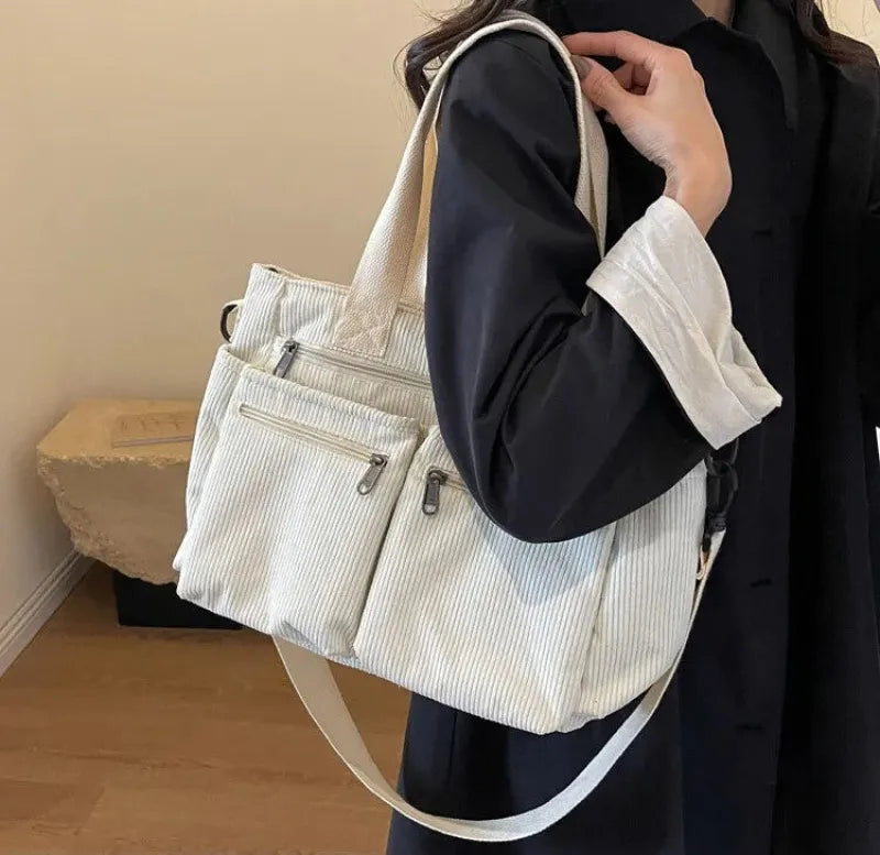 Grand sac à main cabas bandoulière de cours en velours côtelé multipoches Élina
