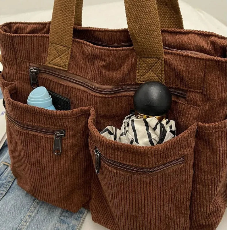 Grand sac à main cabas bandoulière de cours en velours côtelé multipoches Élina