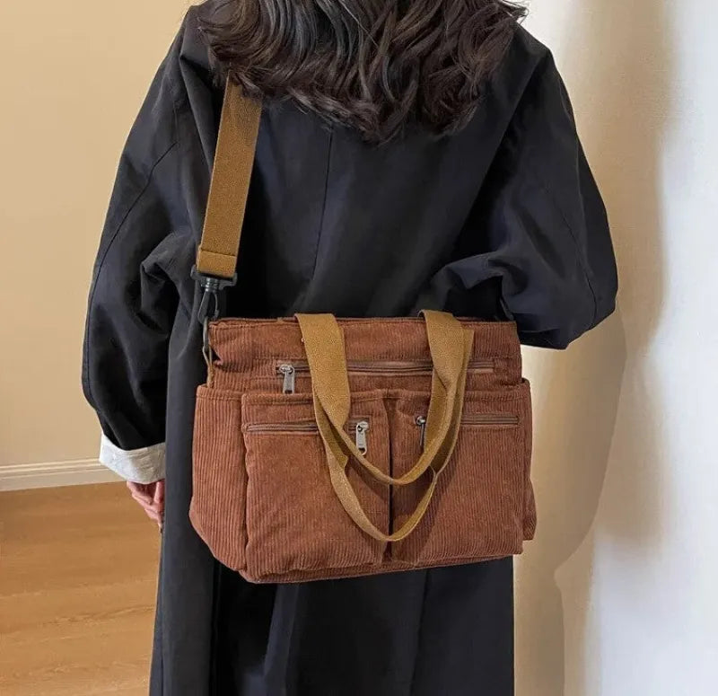 Grand sac à main cabas bandoulière de cours en velours côtelé multipoches Élina