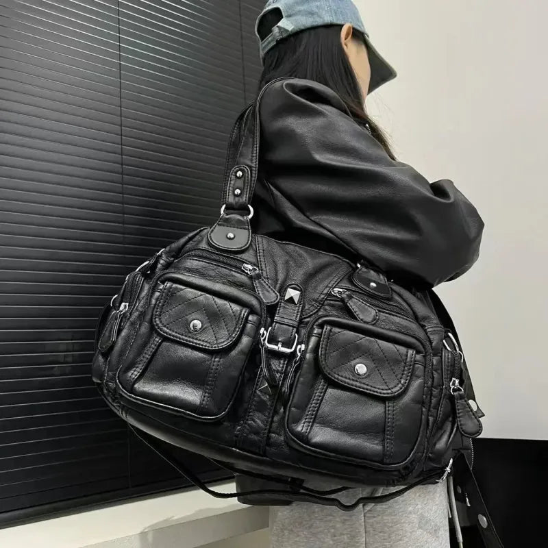 Grand sac à main de cours rétro multipoches à bandoulière Inès