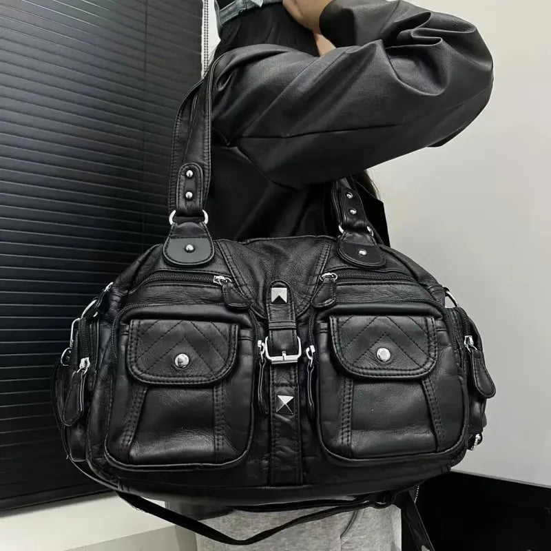 Grand sac à main de cours rétro multipoches à bandoulière Inès