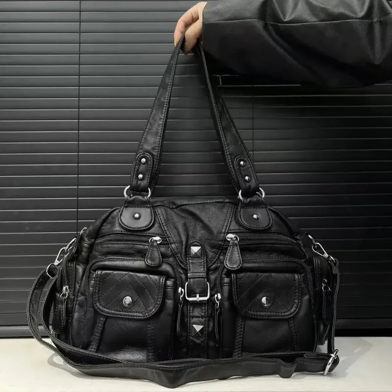 Grand sac à main de cours rétro multipoches à bandoulière Inès