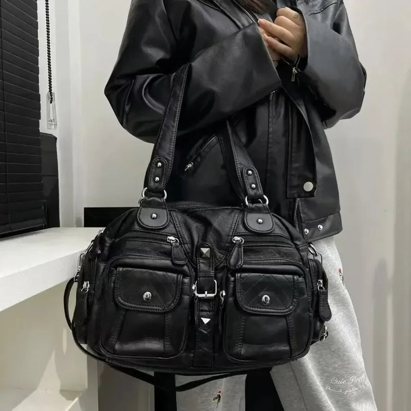 Grand sac à main de cours rétro multipoches à bandoulière Inès