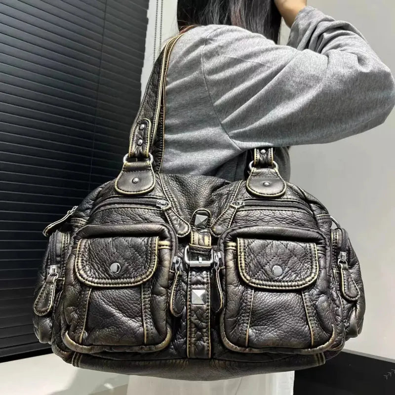 Grand sac à main de cours rétro multipoches à bandoulière Romy