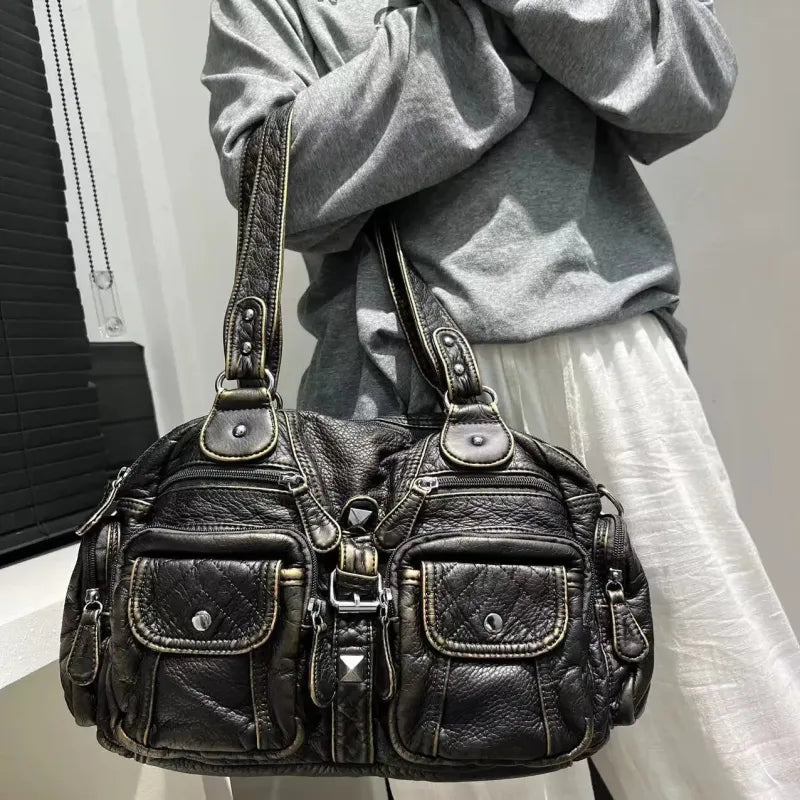 Grand sac à main de cours rétro multipoches à bandoulière Romy