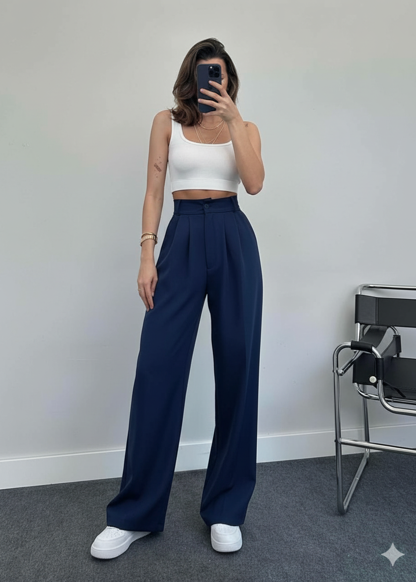 pantalon palazzo taille haute bleu foncé